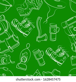 Vector pattern of camping items on a green background. Seamless pattern with the silhouette of a hiking backpack, camera, boots, map, ax, cauldron, thermal cup, lantern