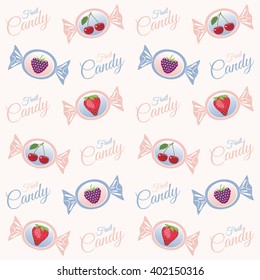 Vector pattern with candies, berries strawberries, raspberries and cherries and the words candy