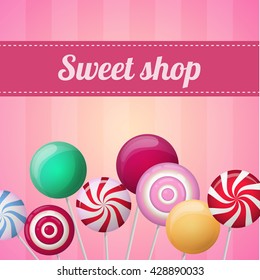 vector pattern with candies. Sweets sample store advertising. Candy shop , pink background with stripes