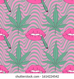 Vector pattern with cannabis and lips