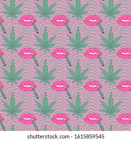 Vector pattern with cannabis and lips