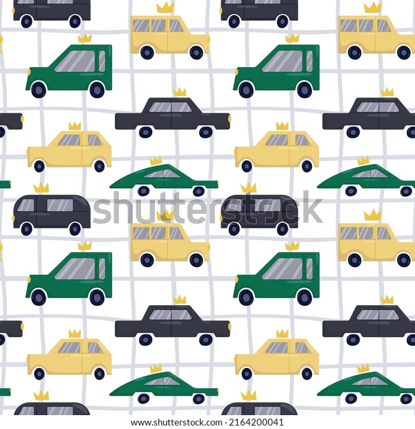 Vector pattern with\
cars, crowns and\
stripes