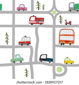 Patrón vectorial con coches y una carretera para niños. Brillante, diverso, muchos autos de diferentes colores. Para imprimir sobre ropa de cama, textiles para niños