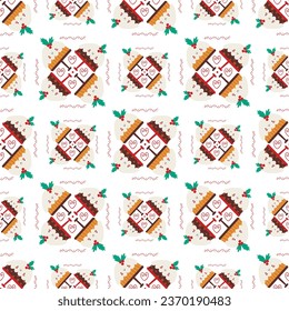 vector pattern with cartoon cake and christmas ornament. Repeating square pattern. 
