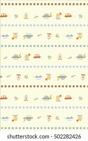 Vector pattern of cartoon cars, house and birdcage. Kids background.
