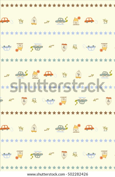 Vector pattern of cartoon cars, house and\
birdcage. Kids\
background.\
