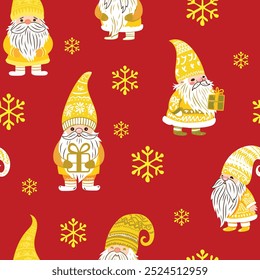 Vector pattern with cartoon Christmas gnomes and present boxes, seamless Christmas pattern gold and red