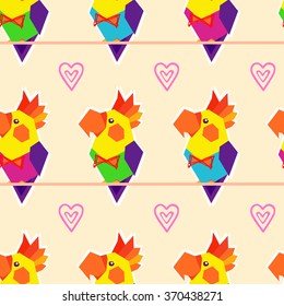 Vector pattern with cartoon colorful parrots in bow-tie and hearts on light background. Seamless pattern can be used for wallpaper, pattern fills, web page background,surface textures.