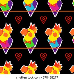 Vector pattern with cartoon colorful parrots in bow-tie and hearts on black background. Seamless pattern can be used for wallpaper, pattern fills, web page background,surface textures.