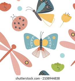 Vector pattern cartoon of cute bugs. Playing with butterfly dragonfly ladybug. Catch the bugs. Insect collection set
