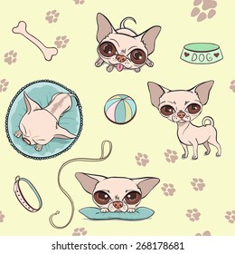 Vector Pattern Cartoon Cute Dogs. Chihuahuas set
