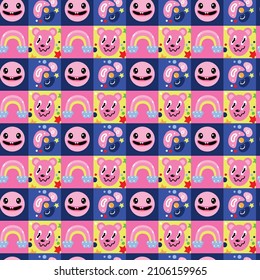 Vector pattern with cartoon cute elements in cartoon style. Flat design icons of various shapes with characters in squares. Ornament for textiles, surfaces, packaging in the style of comics.