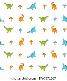 Patrón vectorial con dinosaurios de dibujos animados. Dinosaurios de colores sobre un fondo blanco. Patrón sin foco.

