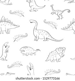 Vector pattern with cartoon dinosaurs and leaves