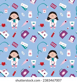 vector pattern with cartoon doctor, elements of medical devices, ambulance, pills.  repeating pattern on the theme of medicine for children's prints.