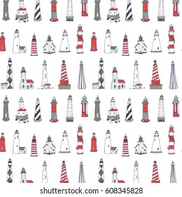 Vector pattern of cartoon doodle lighthouses. 