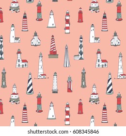 Vector pattern of cartoon doodle lighthouses. 