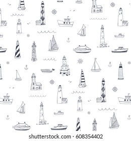 Vector pattern of cartoon doodle lighthouses and sailboats. 