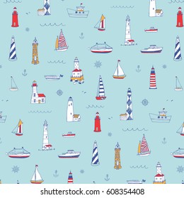 Vector pattern of cartoon doodle lighthouses and sailboats. 