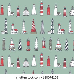Vector pattern of cartoon doodle lighthouses. 