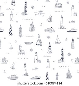 Vector pattern of cartoon doodle lighthouses and sailboats. 