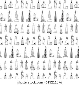 Vector pattern of cartoon doodle lighthouses. 