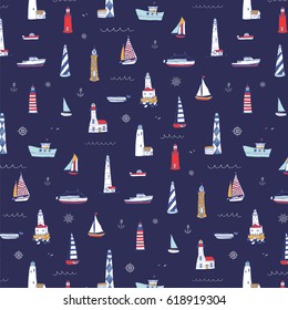 Vector pattern of cartoon doodle lighthouses and sailboats. 