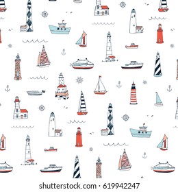 Vector pattern of cartoon doodle lighthouses and sailboats. 