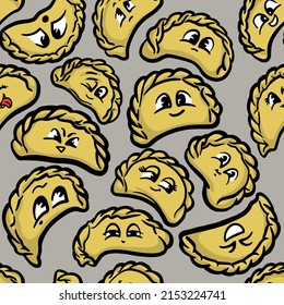 Vector pattern with cartoon food. dumplings with emotions. Ukrainian national dish varenyky. smile, embarrassment, wink, anger on the grey background