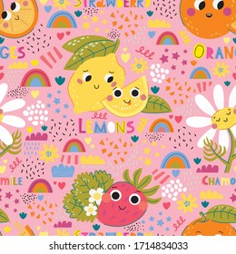 Vector pattern with cartoon lemon, mint, raspberries, blueberries, rainbow. Flat style.