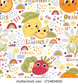 Vector pattern with cartoon lemon, mint, raspberries, blueberries, rainbow. Flat style.