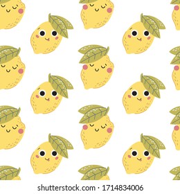 Vector pattern with cartoon lemons. Flat style.