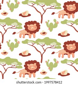 Patrón vectorial con leones de dibujos animados, cactus, árboles en un fondo blanco. Sabana africana con león y vida salvaje. Para el diseño infantil de tejidos, cortinas o papel pintado.