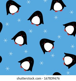 The vector pattern with cartoon penguins and snowflakes