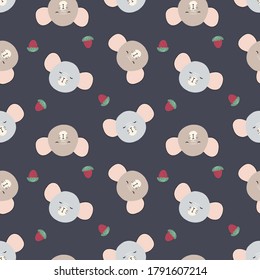 Vector pattern of cartoon rat heads with strawberry on dark background. Doodle illustration of cartoon mouses. Seamless pattern for decorative designs.