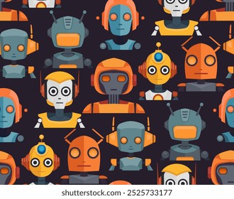 Vector  pattern with cartoon robots on dark background. Flat texture with various cyborg toys. Childish technology surface design for fabrics, wrapping paper and wallpaper.