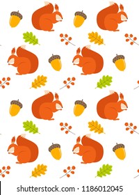 Vector pattern with cartoon squirrels. Autumn pattern. Forest background.
