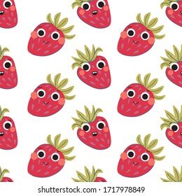 Vector pattern with cartoon strawberry. Flat style.