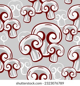 Vector pattern in cartoon style with champignon mushrooms.