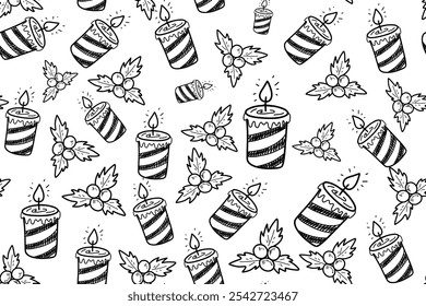 a vector pattern in the cartoon style of a doodle. New Year's symbols are hand-drawn. Snowman, fir tree, candle, snowflake, gift, clothes, mittens, hat