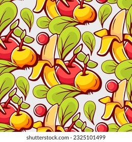 Patrón vectorial al estilo de las caricaturas con frutas, plátanos y manzanas.