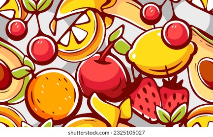 Vector pattern in cartoon style with fruits, bananas, lemons, oranges, strawberries, cherries, avocados and apples.