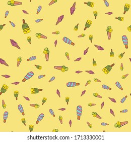 Vector pattern, in cartoon style. With the image of ice cream in a horn and on a stick. Very relevant on a hot summer day. For printing on fabrics, covers, for design of invitations, wrapping paper.