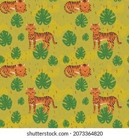 Vector pattern with cartoon tigers, monstera leaves and spots. Jungle background.