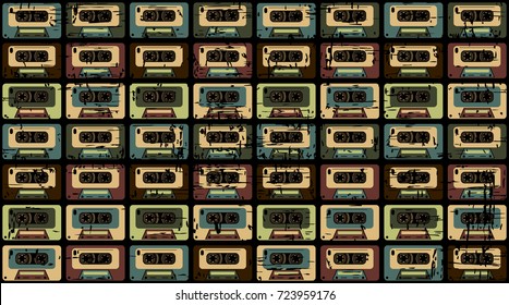 vector pattern with cassettes from the 90s. Can be used in design, advertising, postcards, web sites, logos, etc.