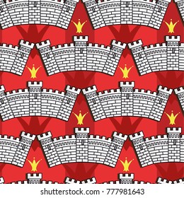 Vector pattern with castles and crowns on red background. Seamless pattern can be used for wallpaper, pattern fills, web page background,surface textures.