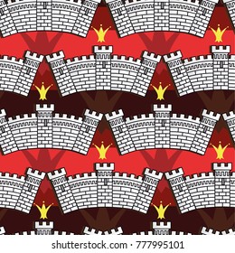 Vector pattern with castles and crowns on red background. Seamless pattern can be used for wallpaper, pattern fills, web page background,surface textures.