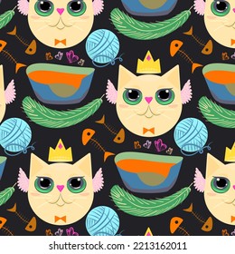 Vector pattern cat and her accessories. Cat pattern.
