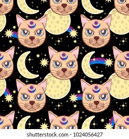 Vector pattern with a cat, moon, stars. Magical and fairy. Suitable for postcards, printing, posters, textiles Cartoon style