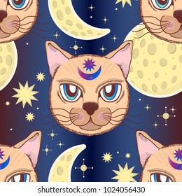 Vector pattern with a cat, moon, stars. Magical and fairy. Suitable for postcards, printing, posters, textiles Cartoon style